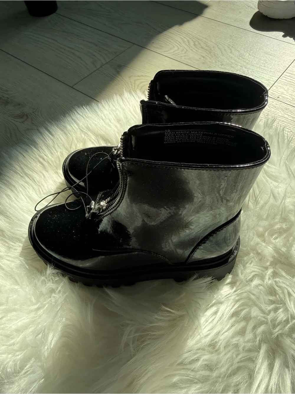 Kids Black Patent Front-Zip Ankle Boots with Star Pulls